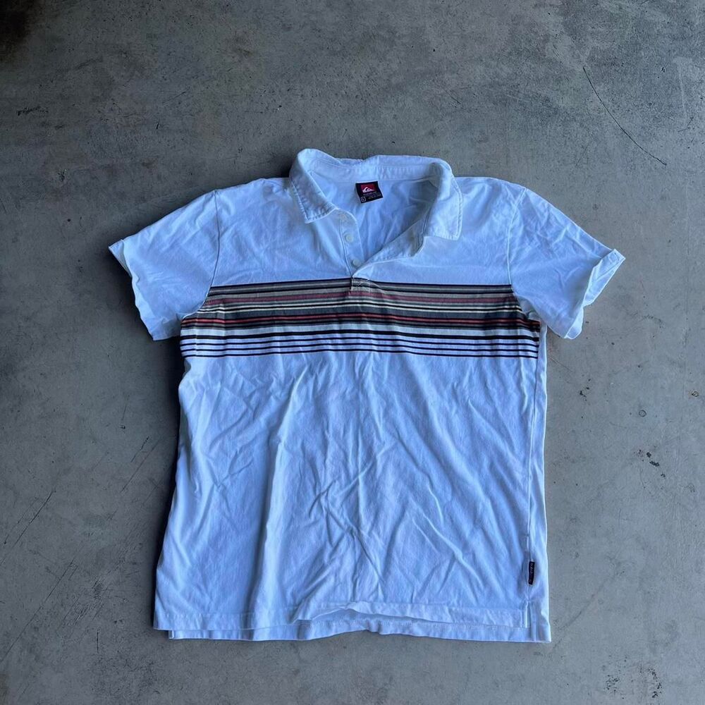 Y2K Quiksilver white polo shirt with horizontal striped band Mens size L Large